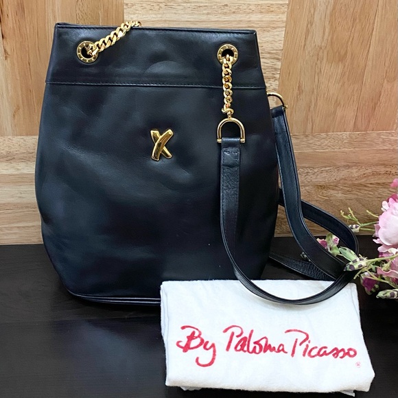 Vintage PALOMA PICASSO Italian Black Leather Gold Chain Handle Shoulder Bag - Picture 2 of 16